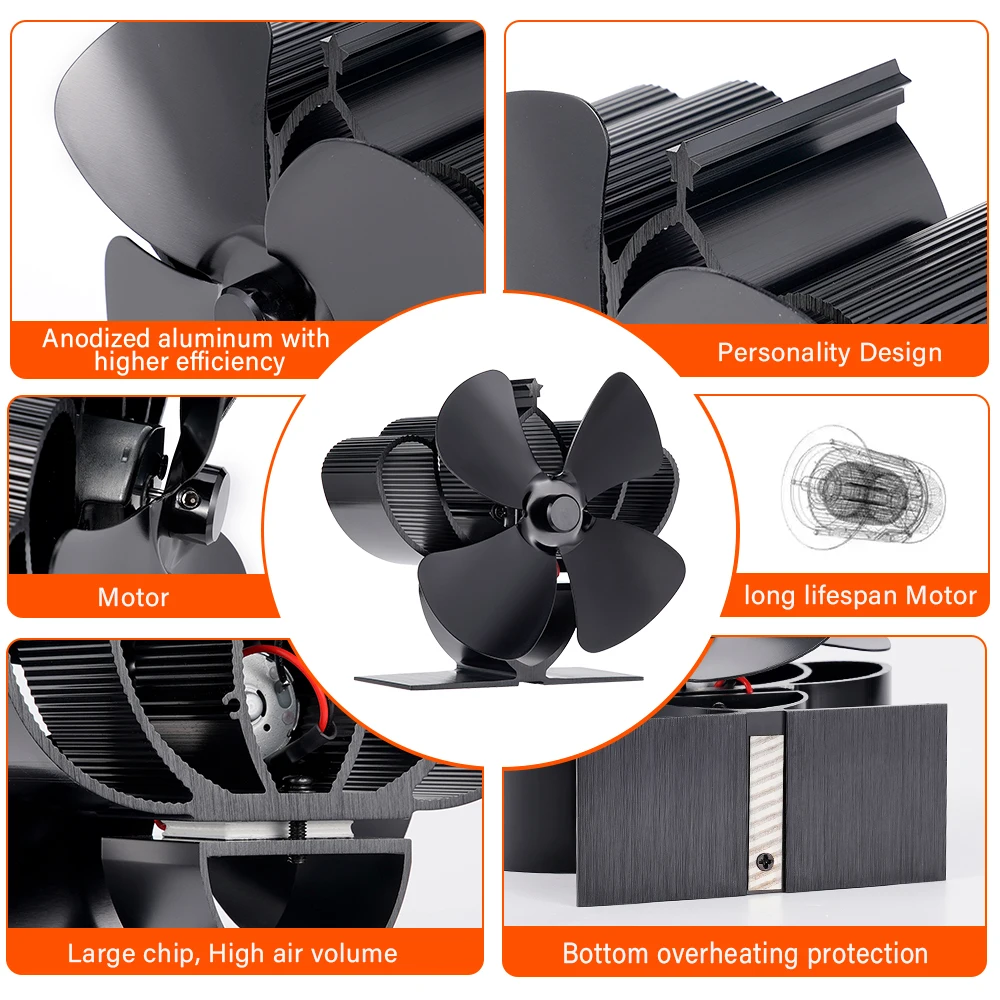 4 Blade Mini Fireplace Fan Heat Powered Stove Fan Log Wood Burner Eco Quiet  Heater Winter Home Warm Efficient Heat Distribution