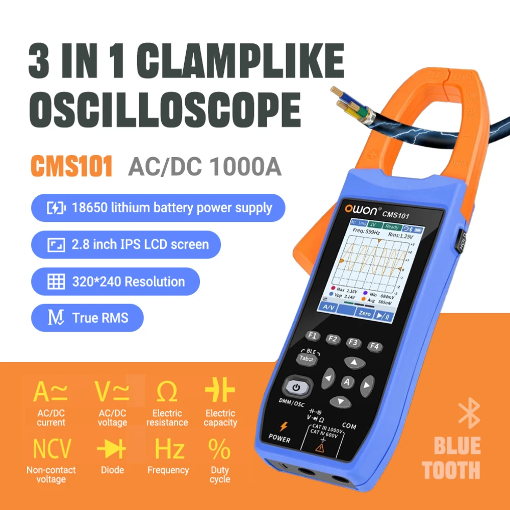 

CMS101 AC/DC Clamp Oscilloscope Meter 1000A With Multifunction Recorder Bluetooth NCV Digital Multimeter & 2.8 Inch LCD Display