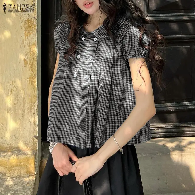 

ZANZEA 2026 Summer Elegant Short Puff Sleeve Holiday Plaid Shirt Women Blouse Stylish Work Tops Femme Lapel Neck Buttons Blusas