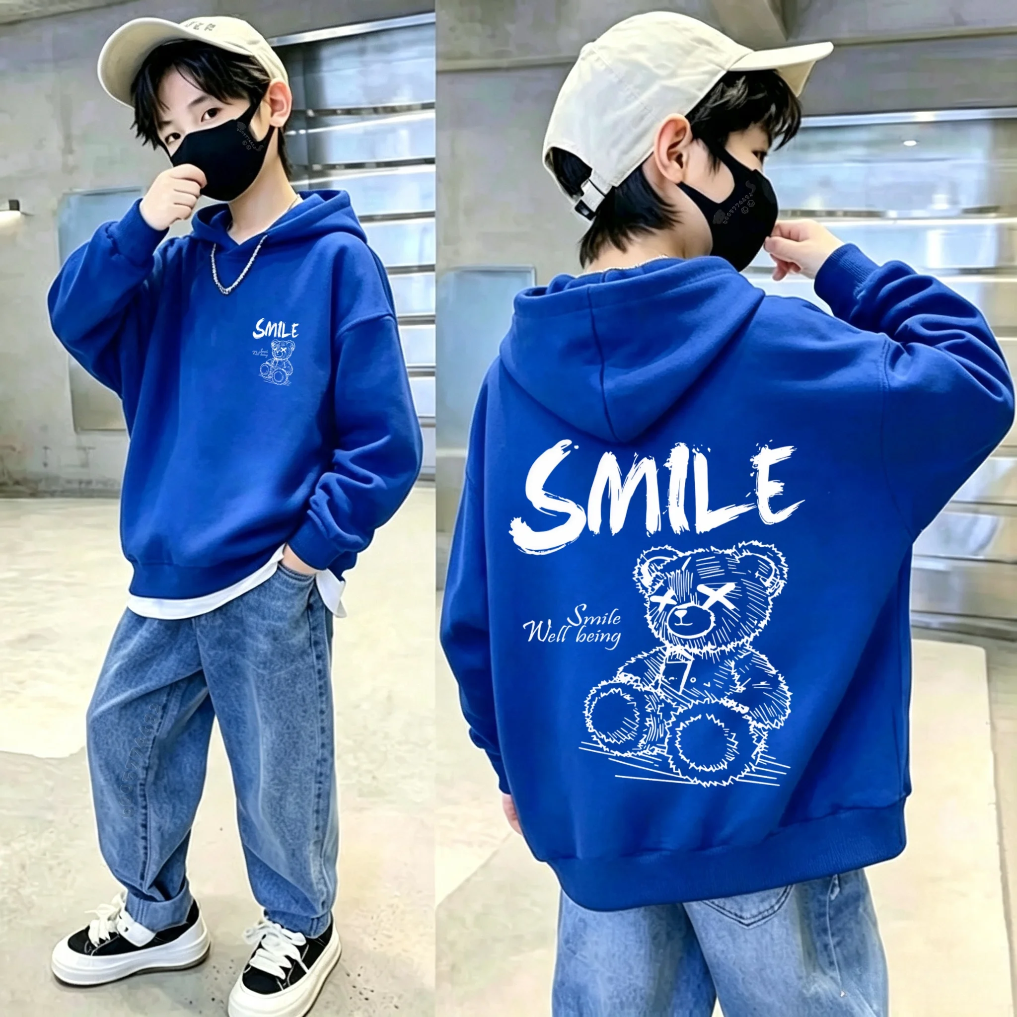 Latest Winter-Spring Children's Hooded Sweatshirt with Hand-Drawn Sketch of Cute Bear and Letter Print Long-Sleeved Hooded Shirt