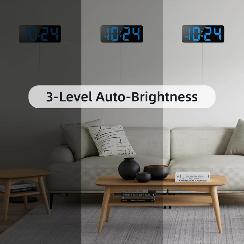 LED Digital Wall Clock With Large Display Digits, Auto-Dimming, 12/24Hr Format, Modern Electric Small Silent Wall Clock