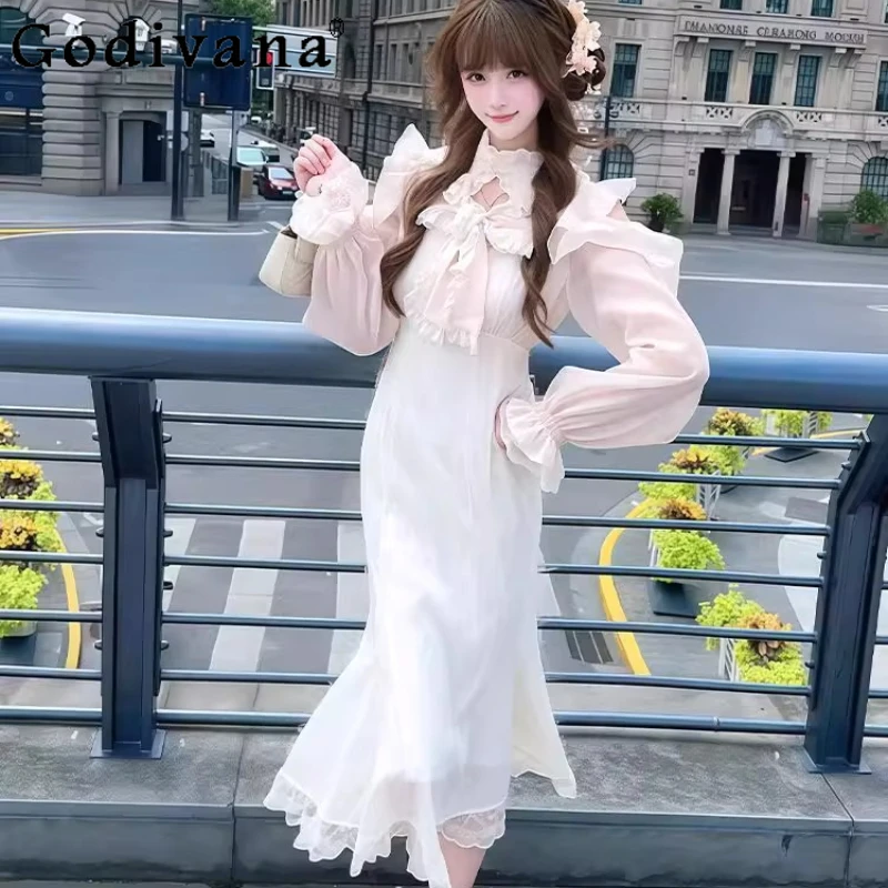 سلسلة واضحة الوردي Bowknot لوليتا فستان للنساء المرقعة الدانتيل حافة قبالة فستان باكتاف مفتوحة الإناث اليابانية الحلو فستان مكشكش