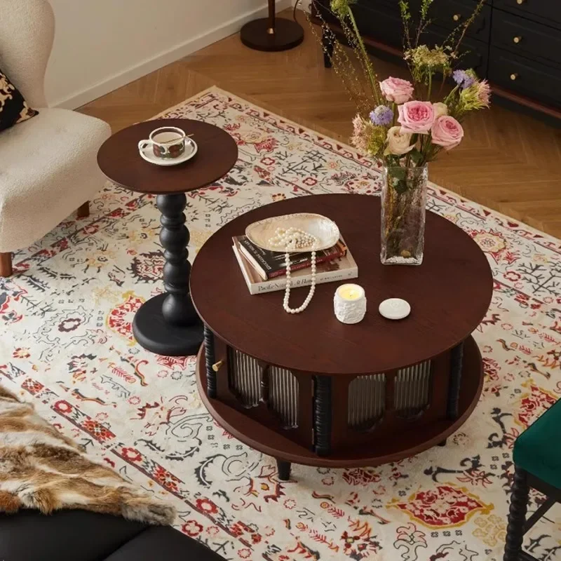 

French retro solid wood coffee table living room multi-functional small apartment storage combination medieval