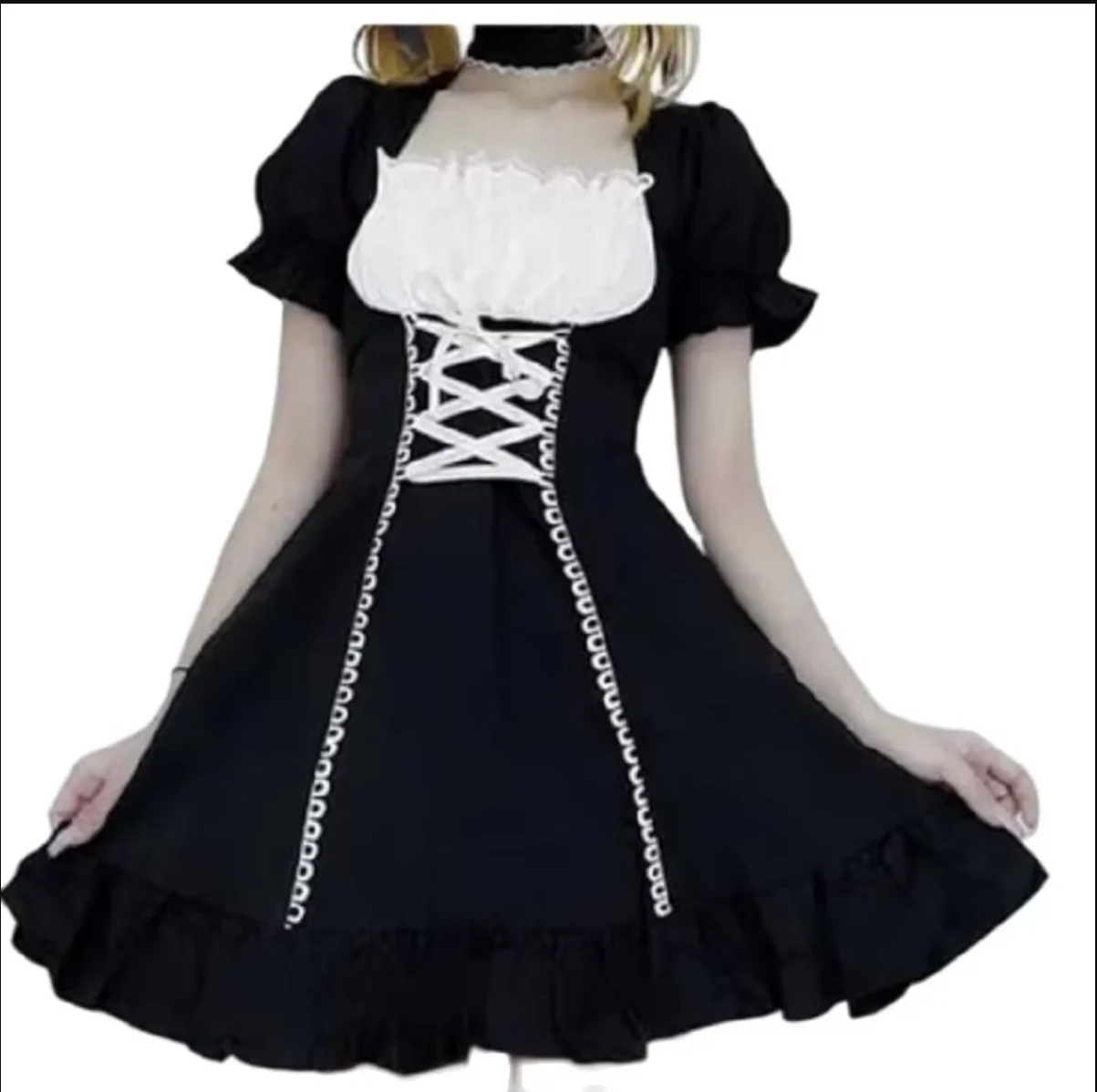 

Gothic Black Satin Costume with Square Neckline and Fluffy Shoulder Straps Serving as a Maid's Daily Halloween Character Costum