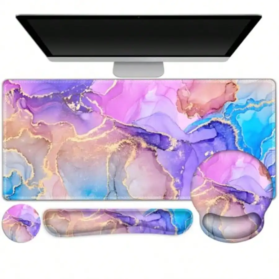 

Игровой коврик для мыши, большой настольный коврик, милый защитный коврик для стола 4-в-1: XXL коврик для мыши + подставка для запястья для клавиатуры + подставка для запястья для мыши + набор подставок-подстаканников