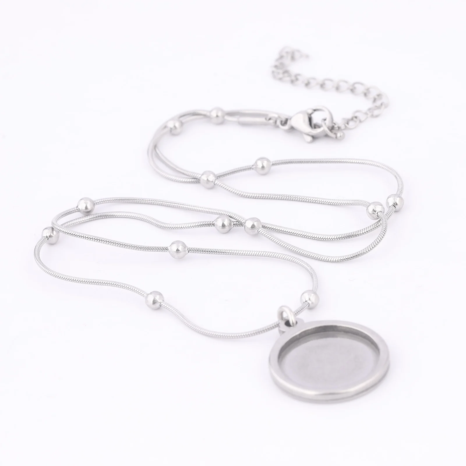 2pcs Stainless Steel Ball Chain Necklace Bezel Blanks Fit 15mm Cabochon Pendant Base Setting Trays Diy Jewelry Findings