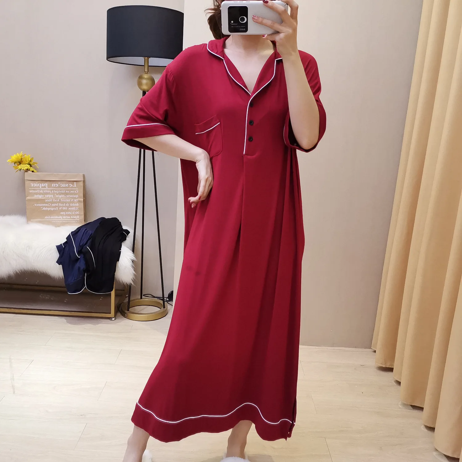 

Women Summer New Sleep Dress Short Sleeve 100Kg Modal Long Nightdress With Pocket Plus Size Sleepwear Loose Home Clothes