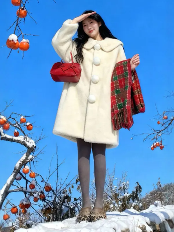 

Chic Gentle Wind Fur Leather Inteated Medium Length Coat ular Spring Outerwear Warm Pure Color Fur Collar Women's Coat