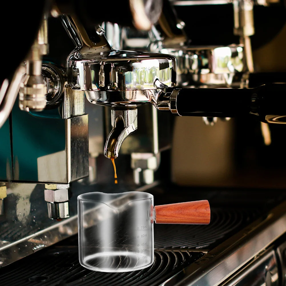 

2pcs Wooden Handle Glass Milk Pitcher 75Ml Double Spout For Espresso Measuring Cup Coffee Making Smooth Heat Insulated Oz Ml