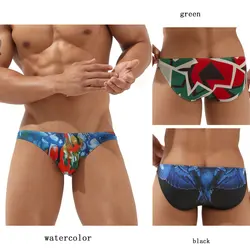 Seobean Three Piece Assembly Men Elastic Breathable Triangle Underwear Watercolor Stripe Printed Men Bikini Beach Swimming Pants