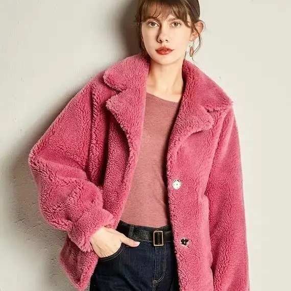 Dạng Hạt Len Shearling Xuân Thu Áo Khoác Nữ Thịt Cừu Len Ngắn Phù Hợp Với Cổ Áo Lông Thú Giả Áo Khoác