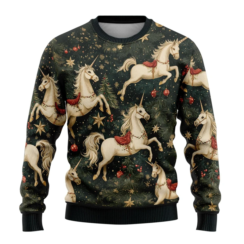 Trend Unicorn Graphic Ugly Christmas Sweater For Men Fashion Holiday Xmas 3D Printed Kids Pullovers Loose Streetwear Sweatshirts