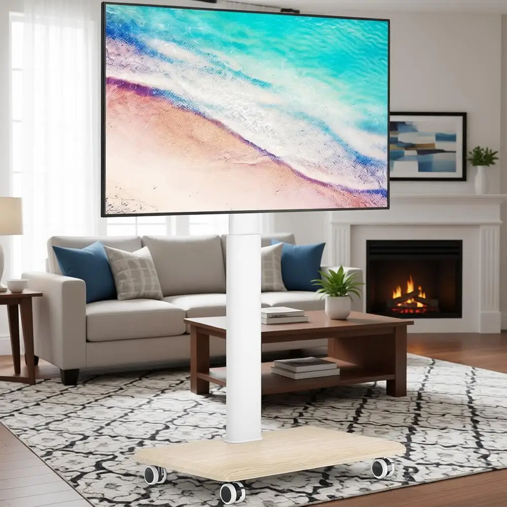 

Мобильная подставка для телевизора с поворотными и фиксируемыми колесами для телевизоров 32-70 дюймов, белая деревянная основа для гостиной, спальни, общежития