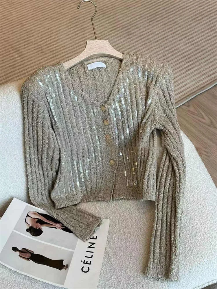 Glitter Solid Color Women\'s Sweater Jacket V-neck Single Breasted Short Knitted Cardigan Autumn Unique Beautiful Top 2024 New