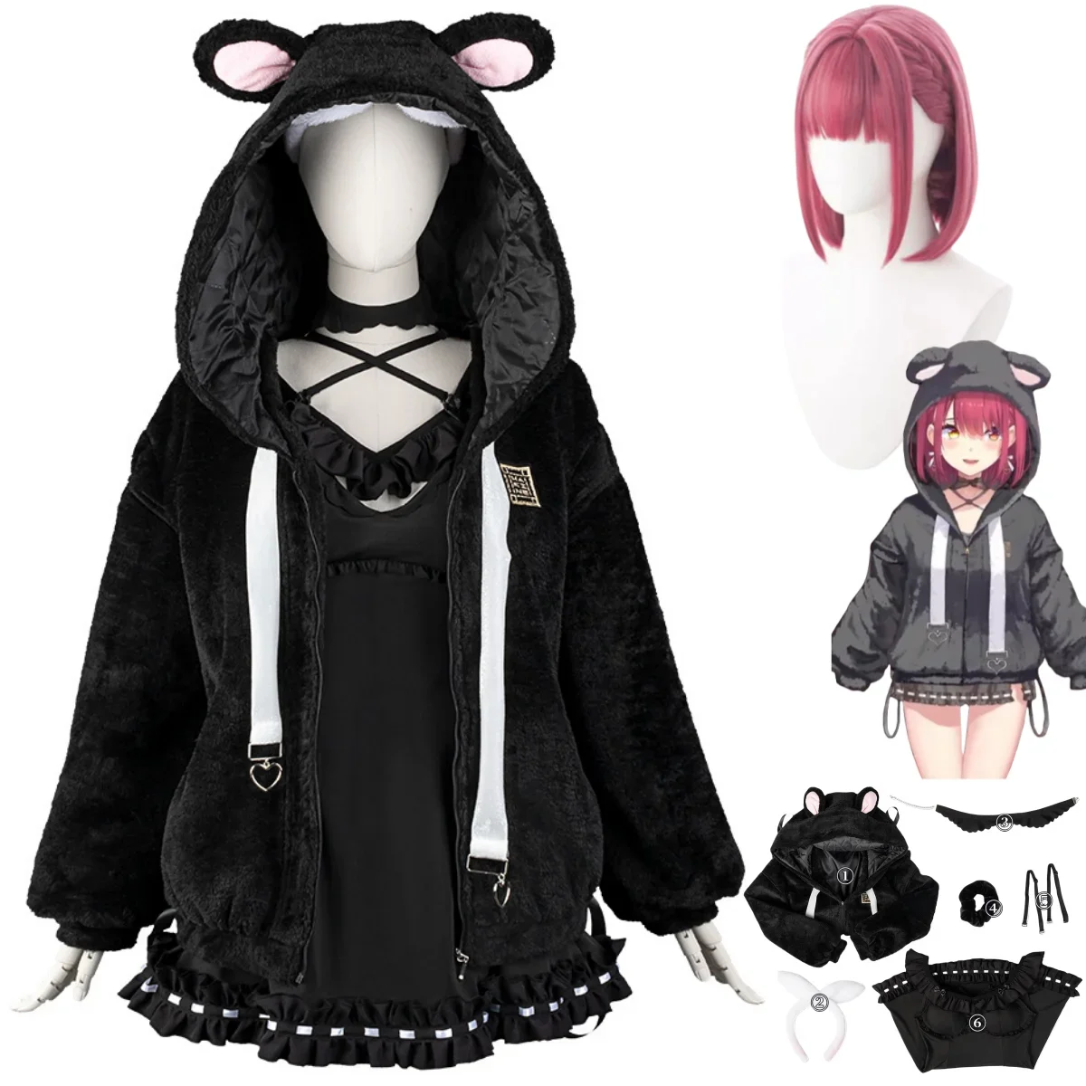 Anime Virtual YouTuber Houshou Marine VTuber Cosplay Costume Black Plush Jacket Sleeping Skirt Wig Woman Sexy Autumn Winter Suit