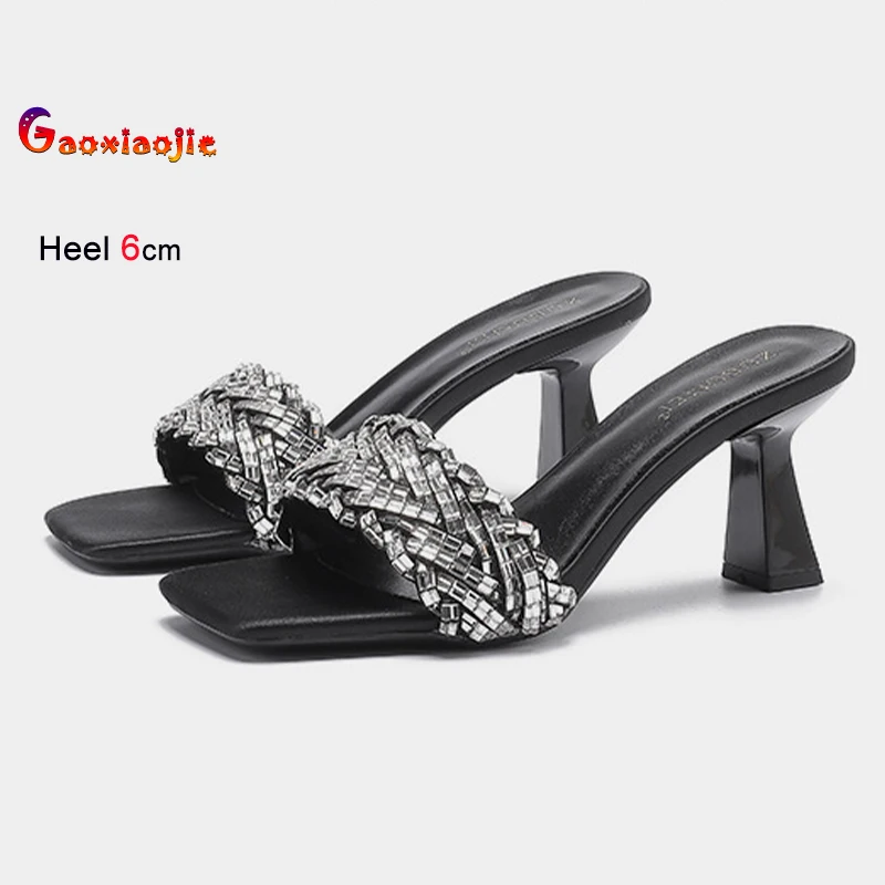 

2025 шлепанцы во французском стиле, женская обувь на высоком каблуке со стразами, модные уличные тапочки, простые женские тапочки с квадратной головкой