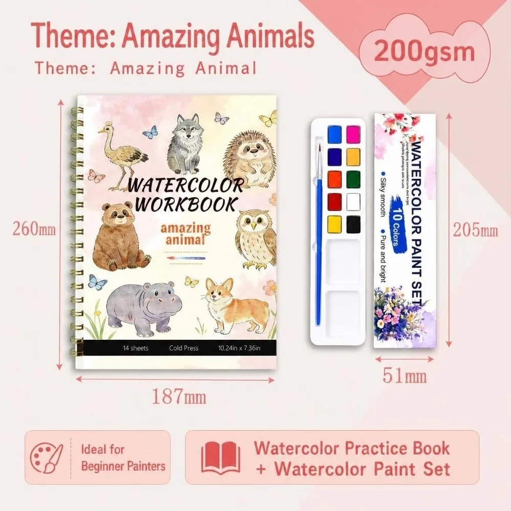 200GSM Watercolor Workbook Spiral-Bound Thickened Watercolor Painting Book Flower Scenery Animal Artistic Coloring Sketchbook