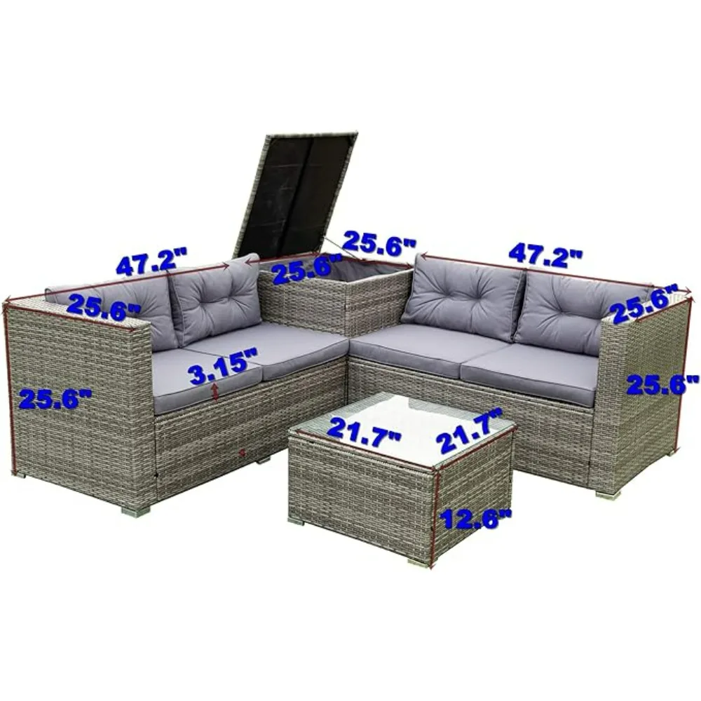 4 Pieces Patio Sectional Furniture Set Outdoor Wicker Conversation Sofa Couch with Storage Box, L-Shaped