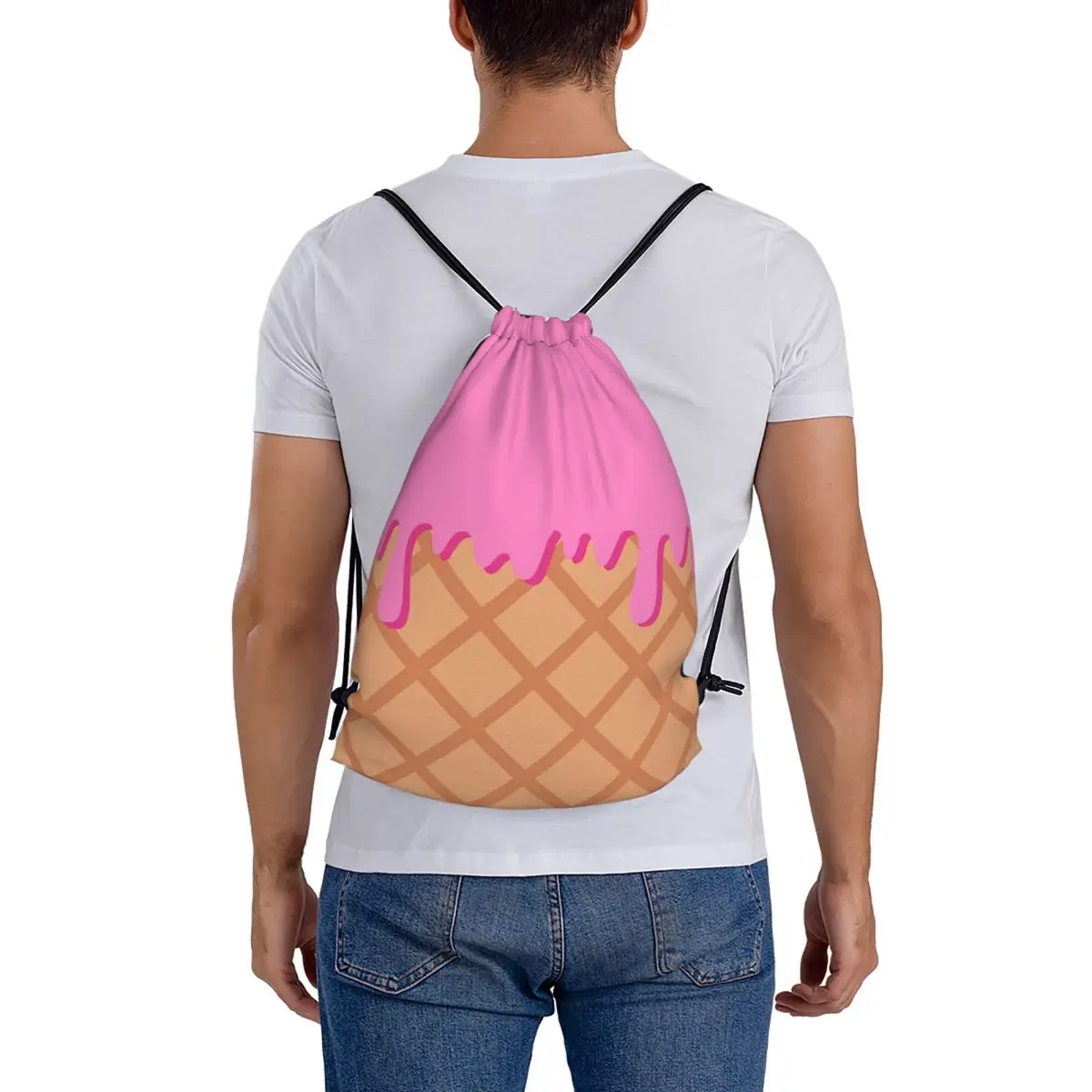 

Strawberry Ice Cream Backpacks Fashion Drawstring Bundle Pocket Shoes Bag Book Bags for Travel Students