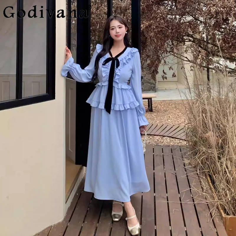

Spring Autumn Large Size Women French Retro Ruffles Fake Two-piece Dress Fashion High Waist A-line Blue V-Neck Princess Dresses