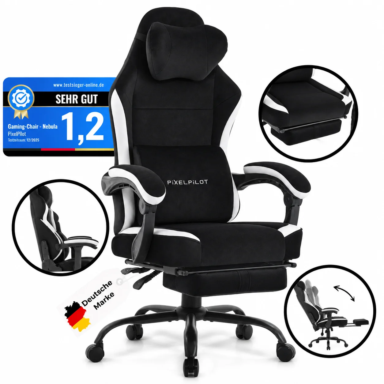 Moderner schwarzer Relaxsessel mit Fußstütze, ergonomischer Polstersessel mit verstellbarer Rückenlehne und gepolsterten Armlehnen für Wohnzimmer, Homeoffice und Entspannung