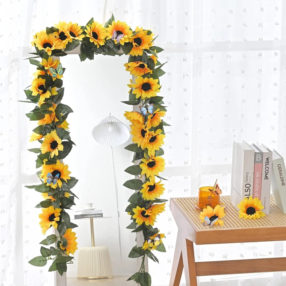 Künstliche Blumen, Sonnenblumen-Ranke, Hängekranz, Wanddekoration, Festival-Rattanblätter-Girlande, Outdoor-Hochzeit, warme Raumdekoration – Detail 3