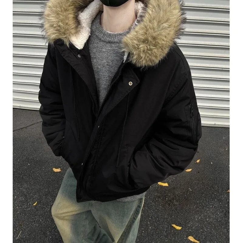 

Men's Thiened Autumn Winter Coat with Large Fur Collar And Hood Warm Cotton Padded Jaet Stand Fit Long Sve Zipper C...