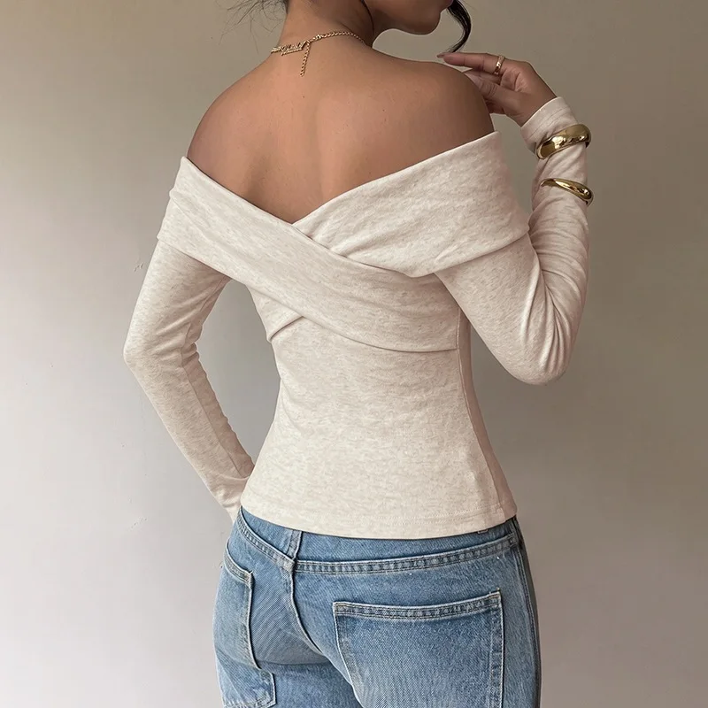MsChuh 2026 Autumn Winter New Style Light-Weight Mature Style Shirt with Crossed Folding V-Neck Slim Fit Long Sleeved T-Shirt