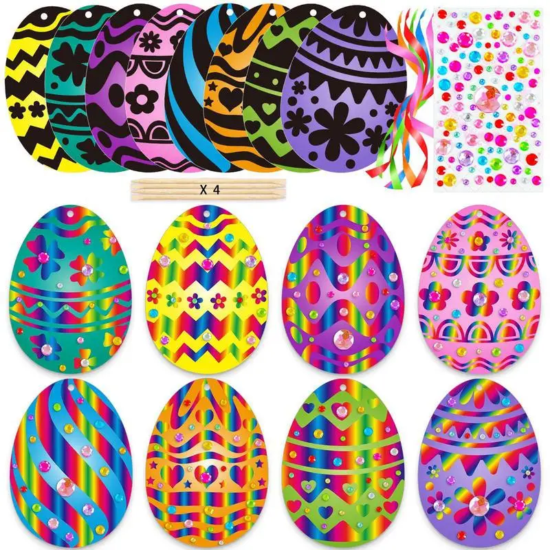 Easter Scratch Paper 8pcs Scratch Easter Egg DIY Easter Craft Kits With Easter Egg Scratch Paintings Bamboo Pens Mixed Color