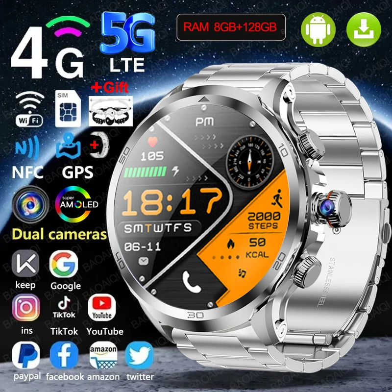 

5G/4G Full Network Smart Watch 1.95 inch Big Screen HD Video Call 8GB+128GB RAM 1990mAh Google Play WIFI GPS Sim Card Smartwatch