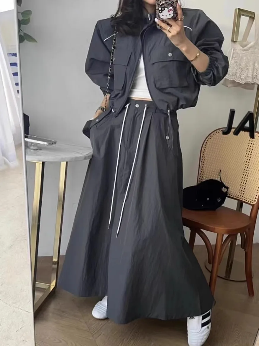 

Women's Windbreaker Jaet with Large kets Flared Waist Dstring f Skirt Set Faionable Loose Zipper All-Match
