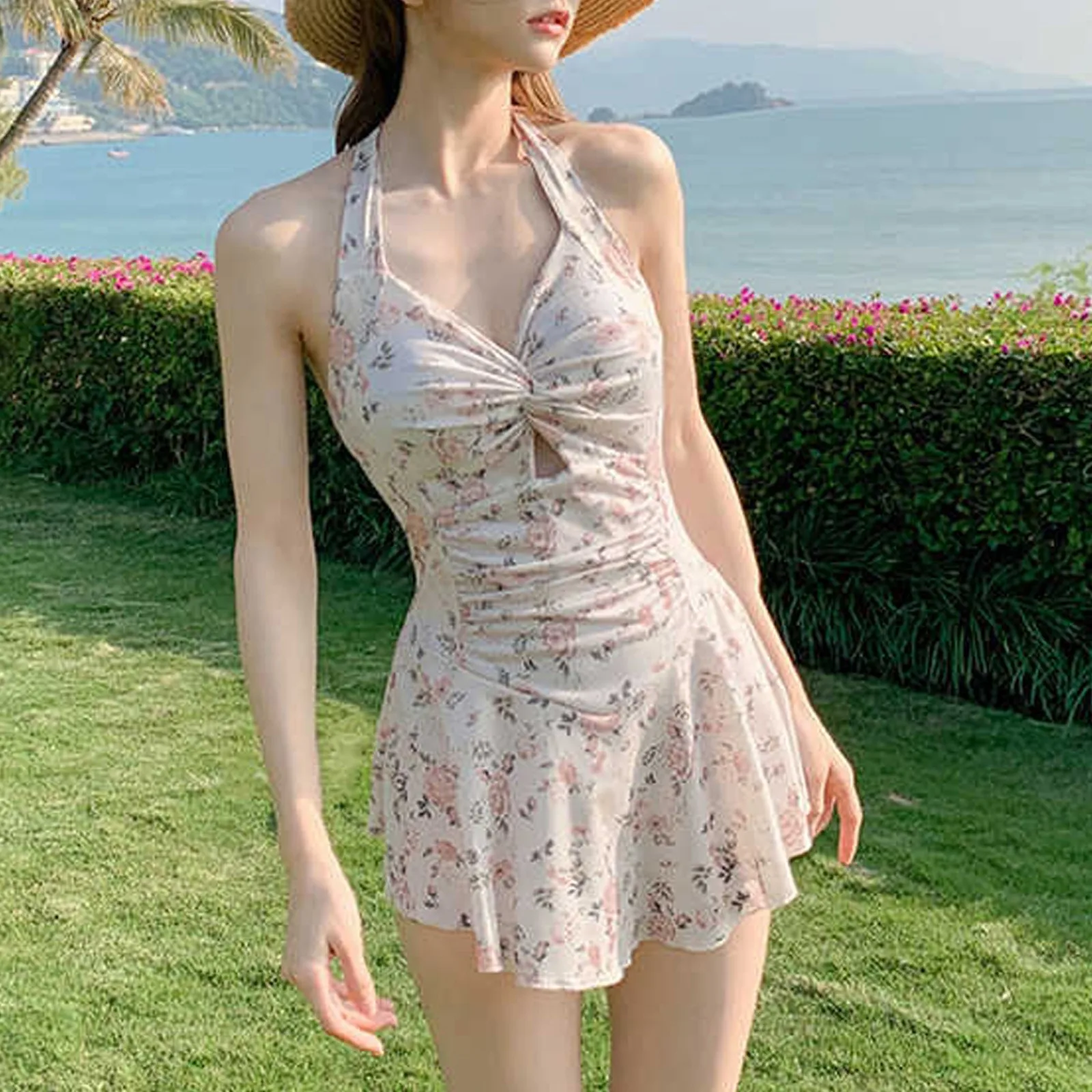 

Women Fashion Floral Print Suspender Backless Slim Hot Spring Bathing Swimsuit Ladies Halter Hollow Out Sweet Korean Style