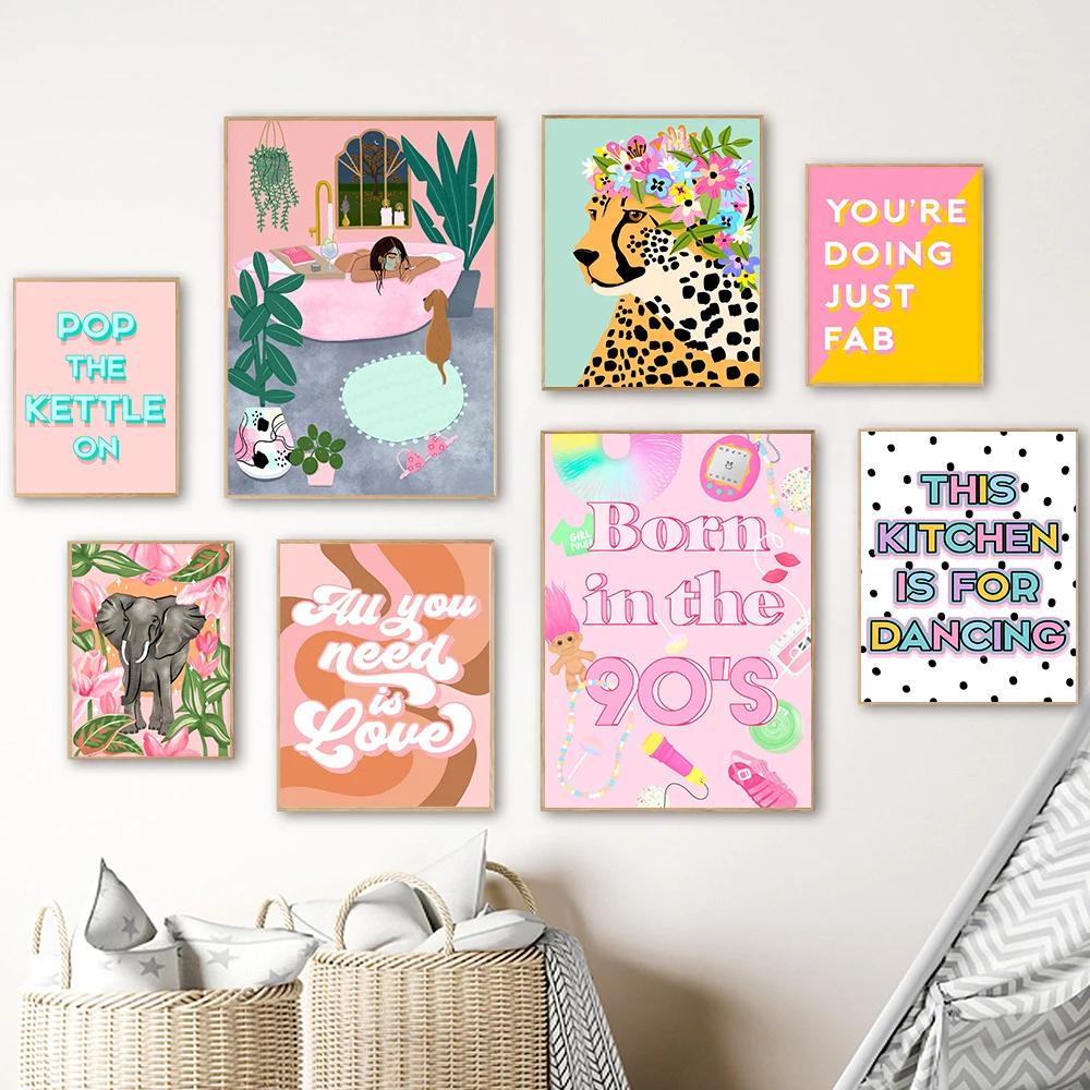 Floral Animal Print Pink Bedroom Hallway Poster Wall Decor Positive Quote Colourful Canavs Painting Kitchen Office Decor Picture