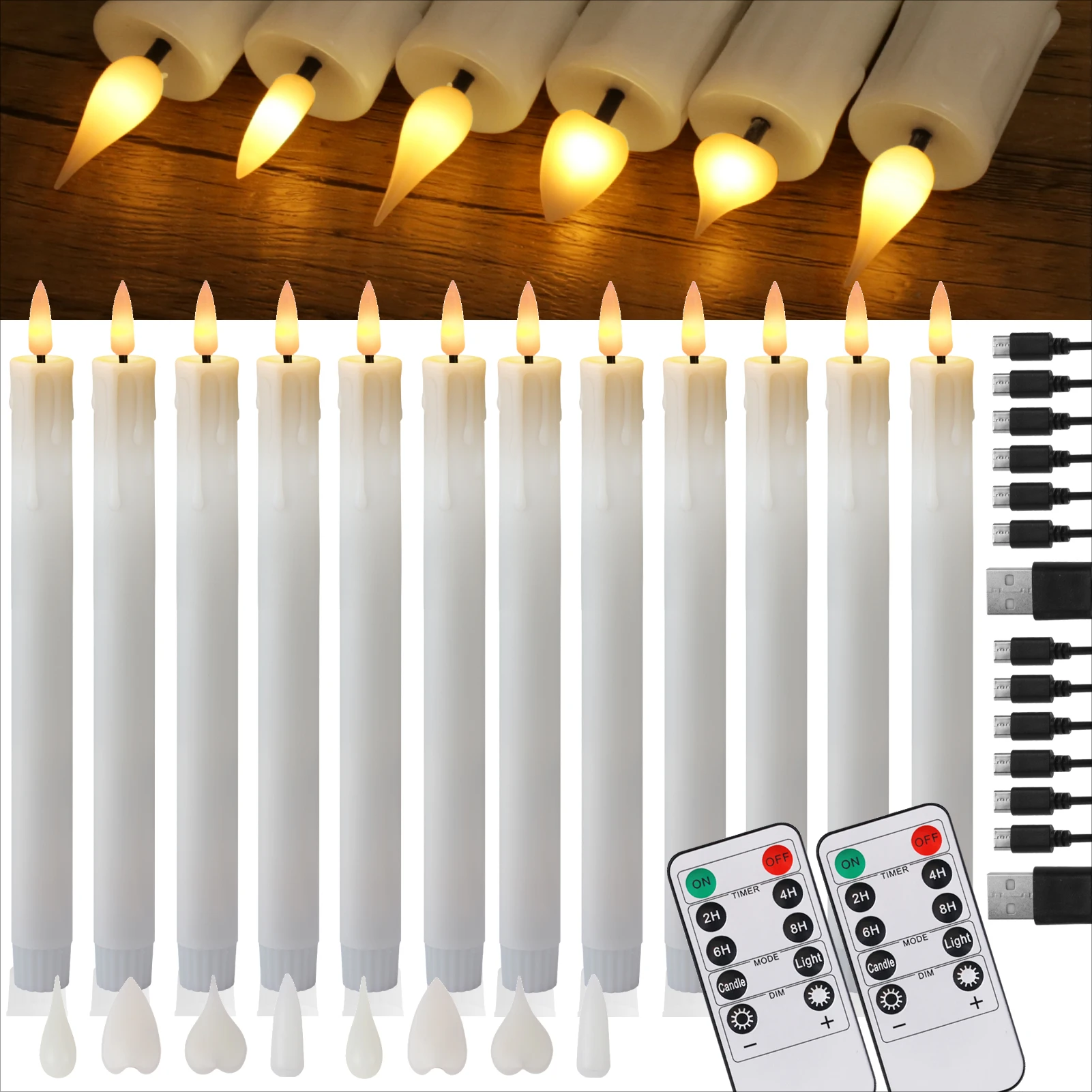 

12/24 шт. в упаковке, светодиодная перезаряжаемая беспламенная коническая свеча на батарейках с дистанционным управлением, электрическая чайная лампа, Рождественское окно, домашний декор