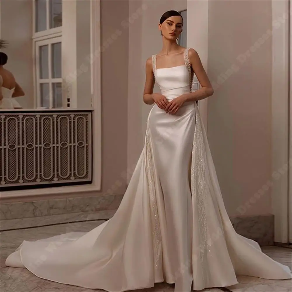 2025 Abito da sposa da donna a sirena in raso con perle, tracolla larga, lunghezza lavapavimenti, abiti da sposa, abito formale da spiaggia, personalizzato