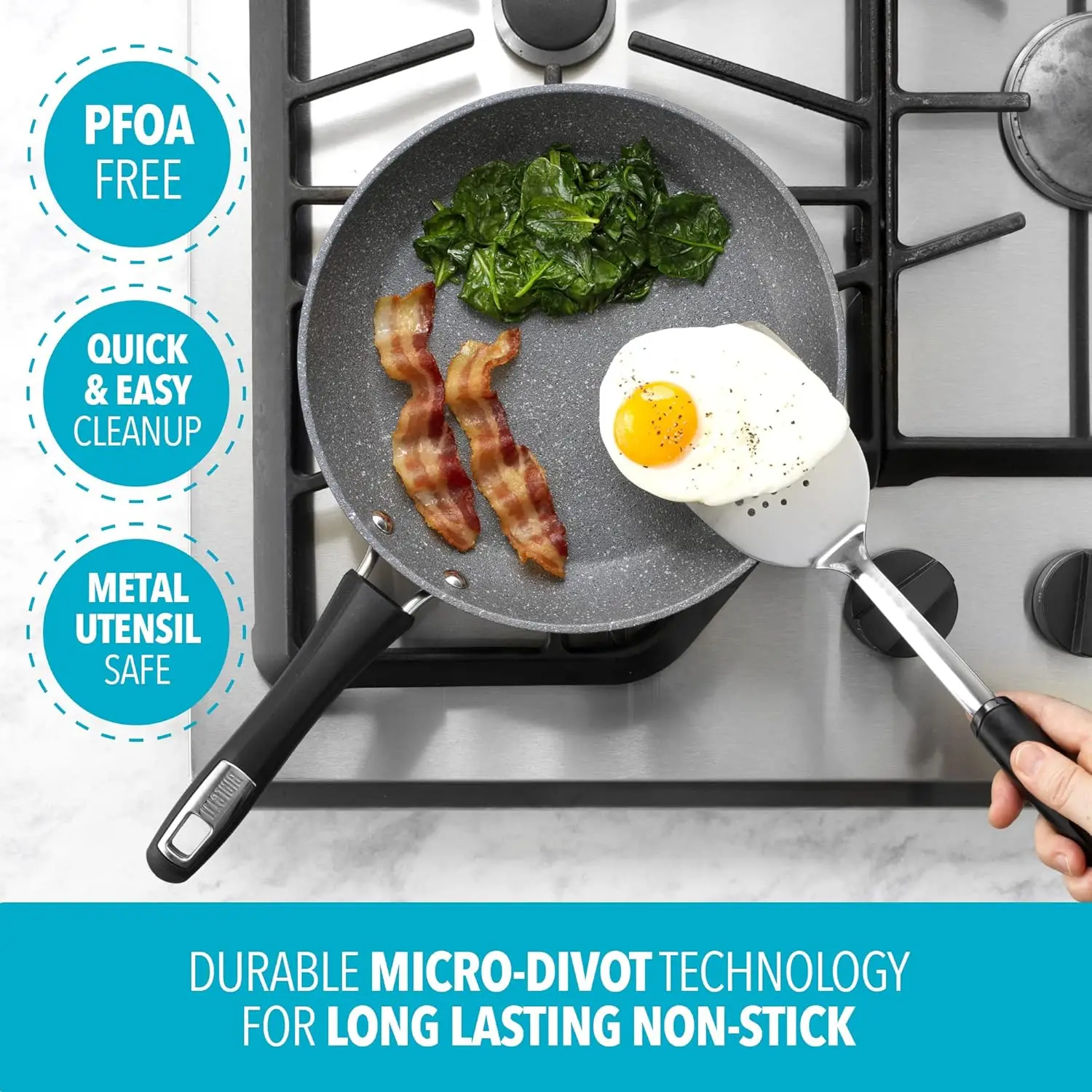 Impact Textured Nonstick 10 Piece Oven-Safe Cookware Set, Gray - 10-Piece Set, Micro-Divot Textured Aluminum, Nanotec-Infused No