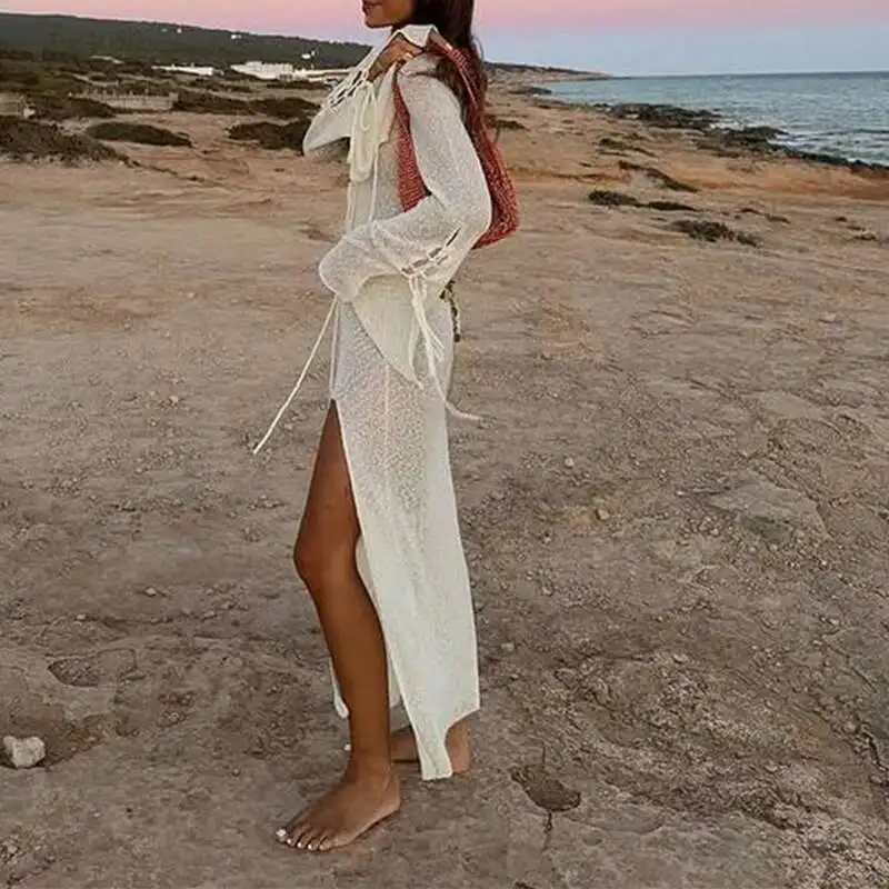 หญิง Holiday Beach COVER UP ชุดลําลองถัก V คอ Slim Maxi ชุดว่ายน้ําผู้หญิงเซ็กซี่มุมมองแขนยาว Robe ชุด