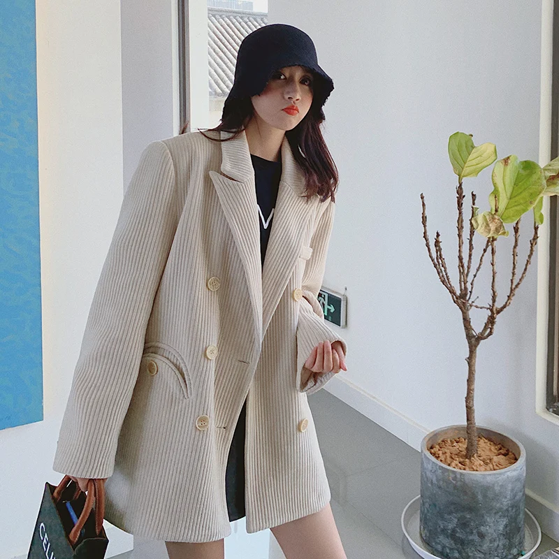 Women's Blazer 2024 New: Hong Kong Style Corduroy Small Suit Thickened Sophisticated Casual Vintage Trendy Jacket High Quality