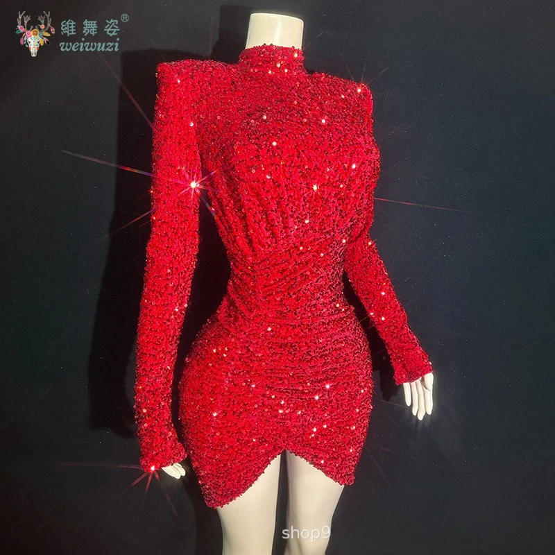 مثير وساحر الترتر الأحمر كم طويل نحيف قصير الورك تنورة المغني عرض مسرحي زي ملهى ليلي فساتين السهرة