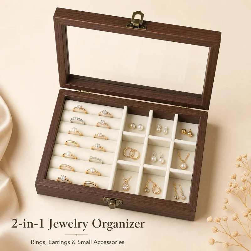 Bedroom Desktop Walnut Pattern Velvet Jewelry Organizer, Korean Hard Jewelry Storage Box for Necklace Earring Ring view 5