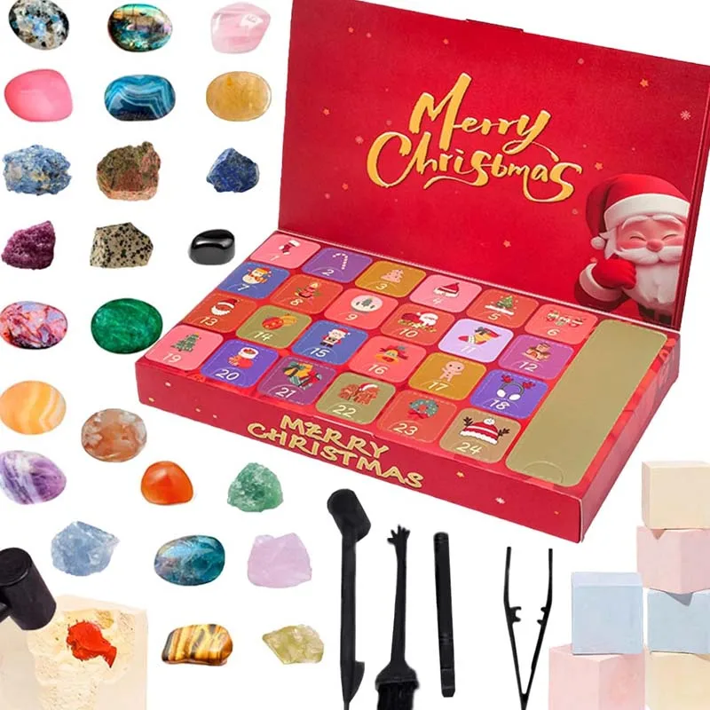 

24-Day Geology Discovery Advent Calendar Kit Ore Crystal Gemstone Blind Box Rock Mineral Specimens Collection Christmas Gift
