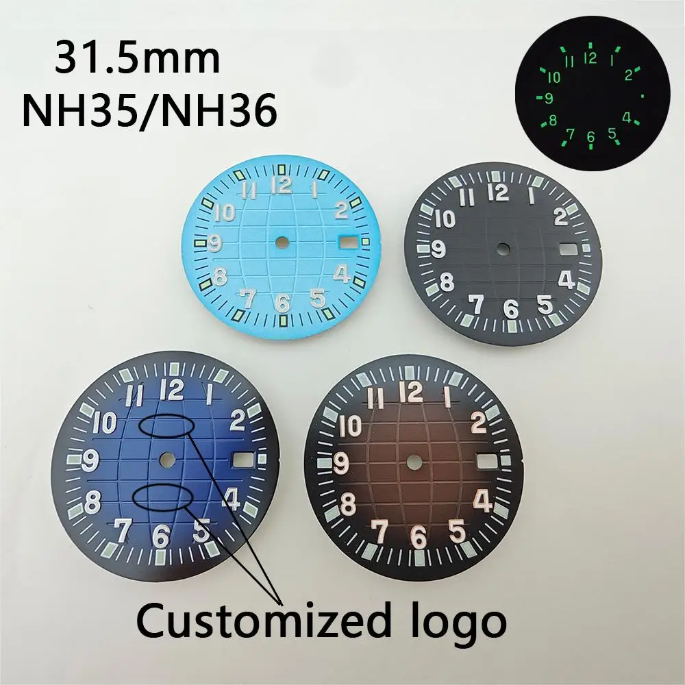 31.5mm NH35 Dial Watch Dial with Date Window, Gradient Color, Green Lume, Earth Design, Custom Logo