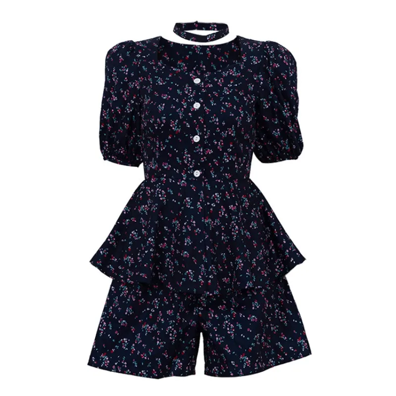 Zweiteiliges Set für Damen mit Blumenmuster, Choker, quadratischem Ausschnitt, Puffärmeln, Peplum-Bluse, Shorts mit hoher Taille, Sommer-Freizeitoutfit – Detail 4
