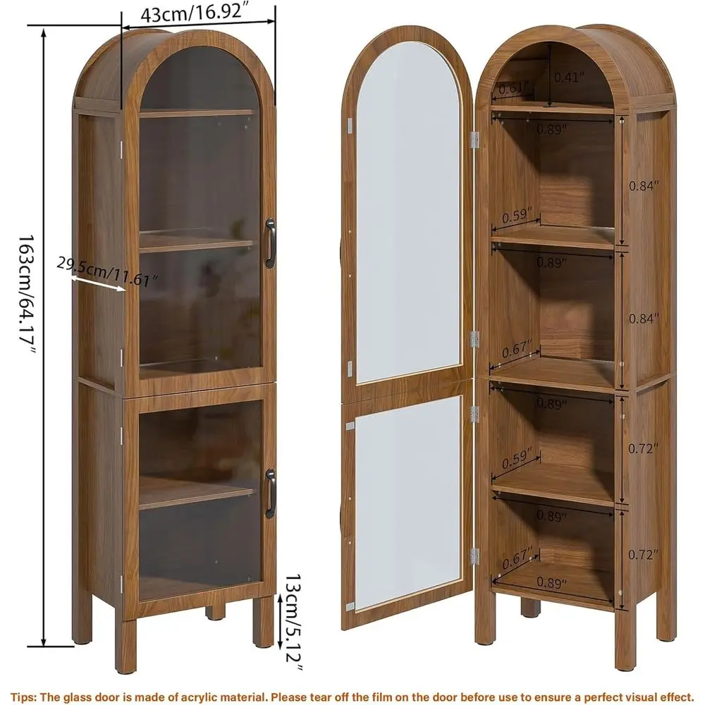 64.17 in Tall Arched Display Cabinet with Acrylic Glass Do5-Tier Kitchen Pantry Storage Cabiern Wood Curio Cabinet Bookcase or L
