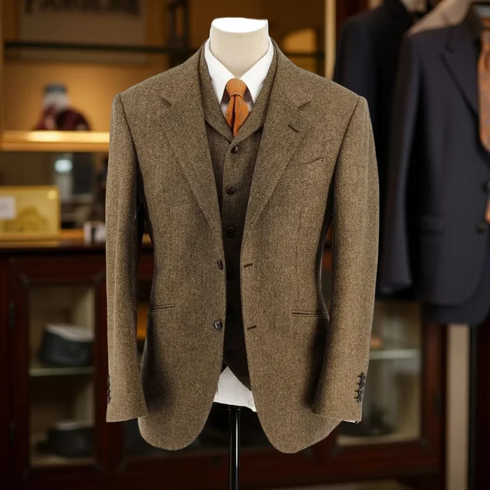 

Шерстяные мужские костюмы, однобортный приталенный костюм для свадьбы, жениха, смокинг, деловой костюм из трех предметов с зубчатыми лацканами, куртка с брюками, жилет