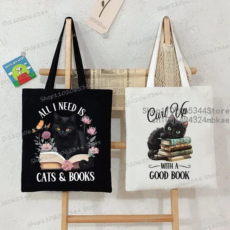 Gato preto e livros bolsa de lona para mulheres homens shopper engraçado amante da leitura bolsas reutilizáveis bolsa de ombro dos desenhos animados bolsa de mão