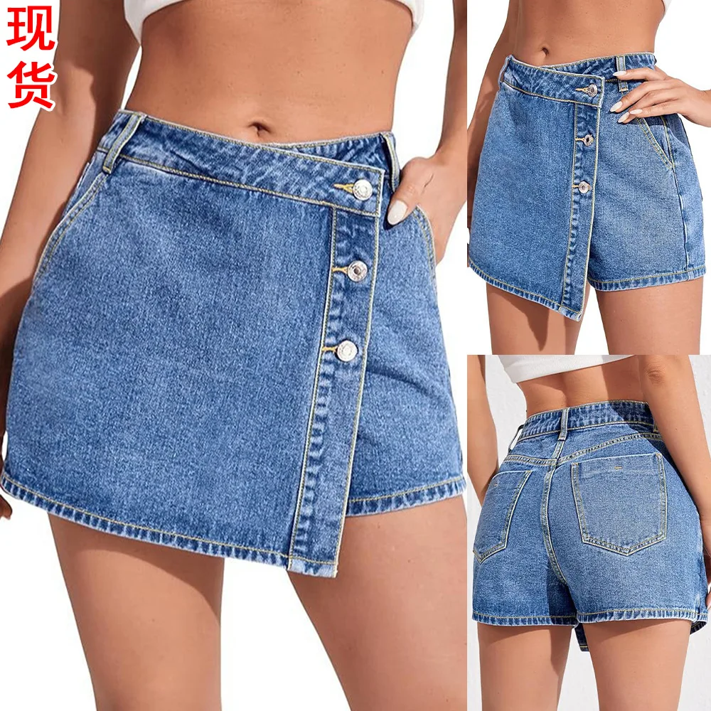 Women High Waist Denim Skort Asymmetrical Button Front Jean Skirt with Pockets Summer Casual Streetwear Denim Skort
