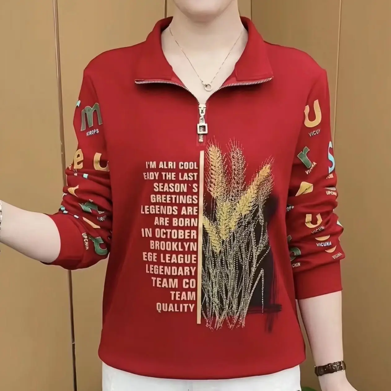 

Fashion Print Autumn Long Sleeve Top New Style Versatile Pullover Loose Half-Zip Sweater for Women