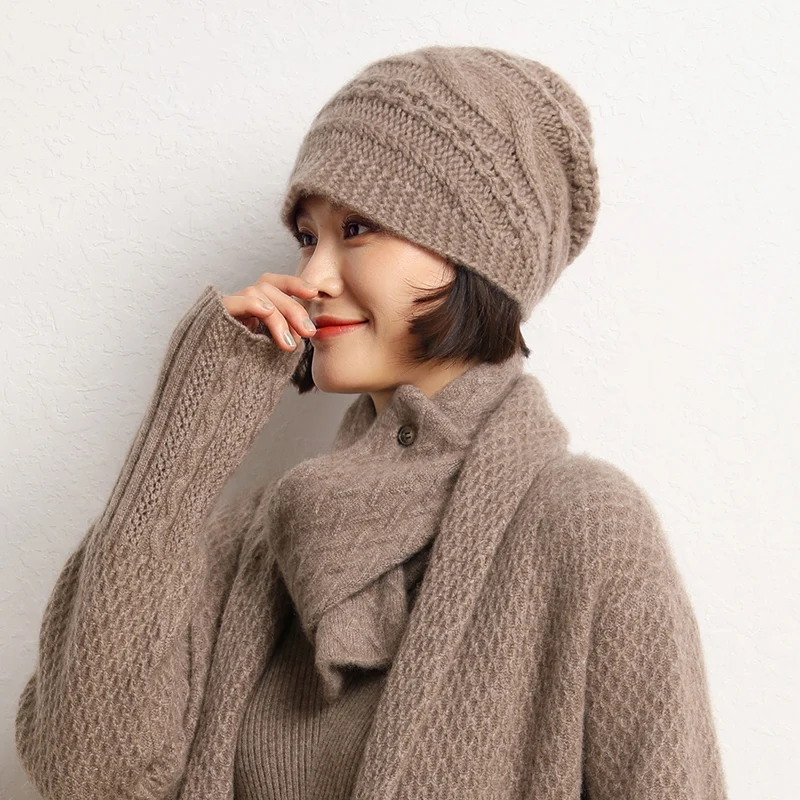 2022 Autumn Winter New Women Hats 100% Pure Cashmere Knitted Headgears Soft Warm Fashion Casual Thick Cap 3 Colors High Quanlity