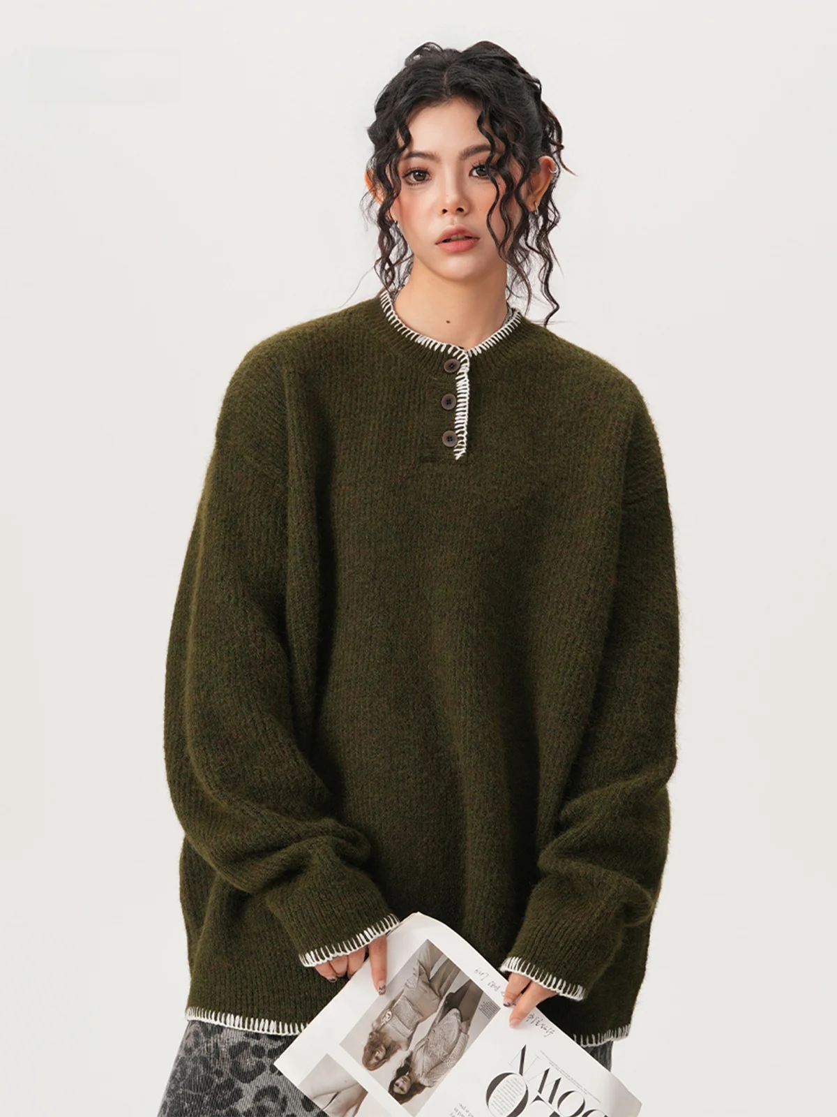 

BWKA Vintage Henry Collar Knitwear Loose Overhead ex Spring Loose Fit Couple Sweater Long Sve Polyester Blend Cardigan
